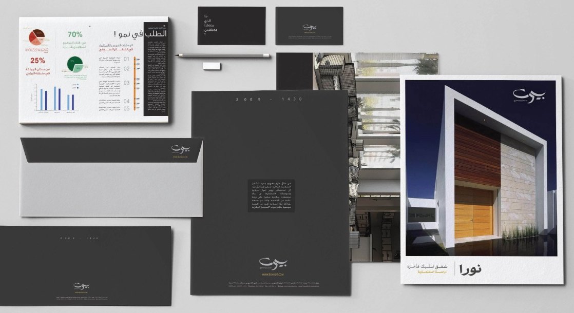 Noura dark identity system with letterhead and envelopes